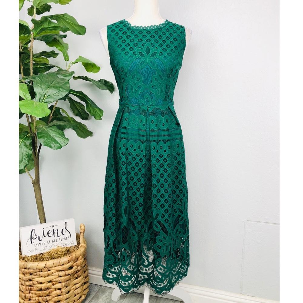 NWT EMERALD GREEN MIDI LACE VINTAGE STYLE DRESS